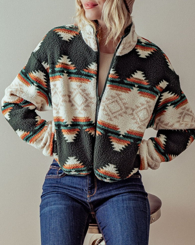 Green Aztec Sherpa Jacket