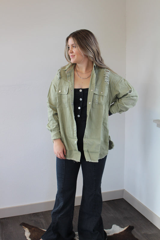 Distressed Olive Shacket