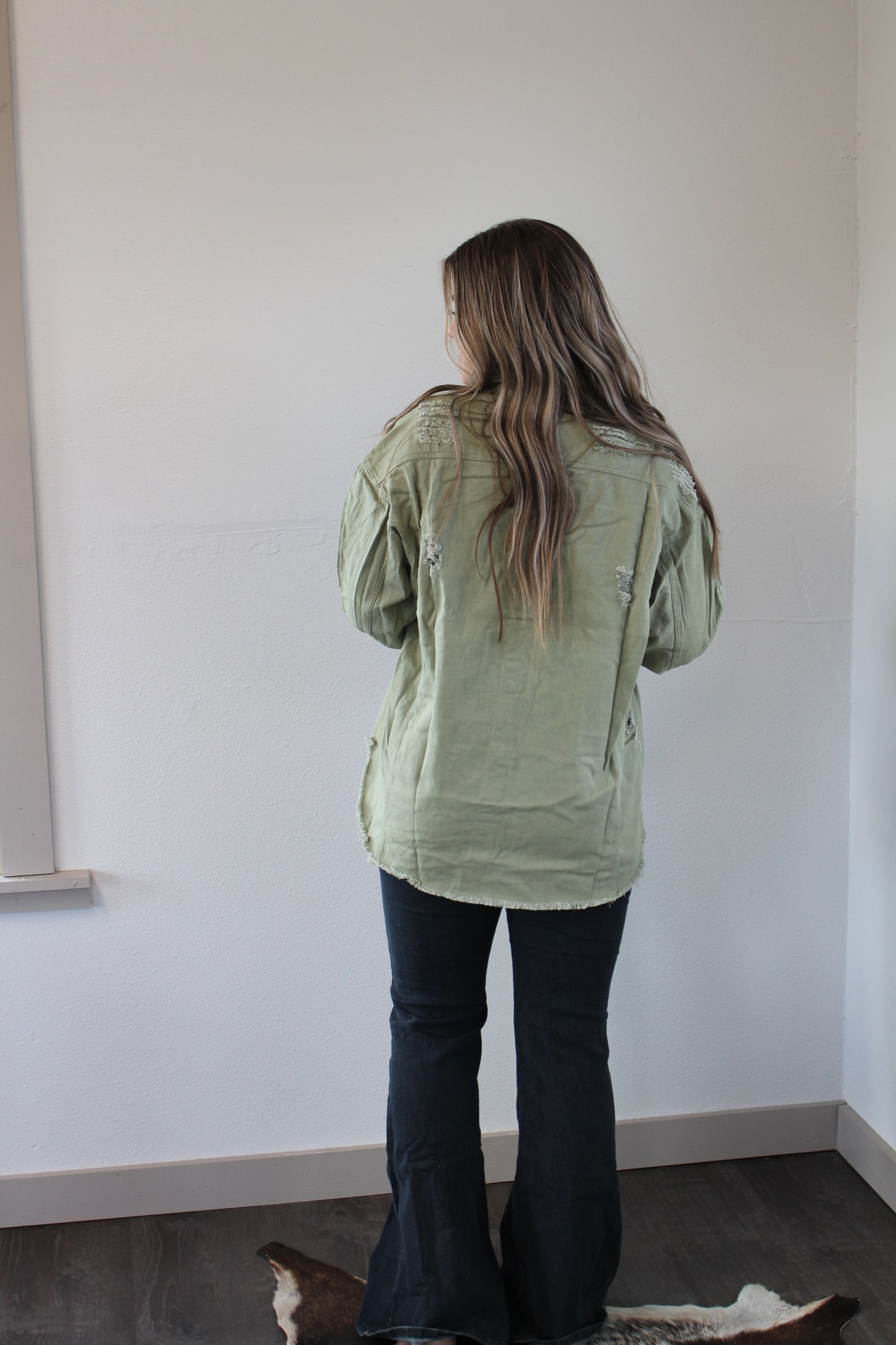 Distressed Olive Shacket